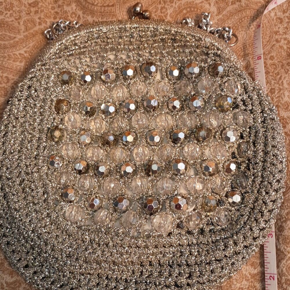 VTG Made in Italy Metallic Gold Crochet Beaded Evening Bag Kiss Lock Chain Purse